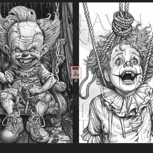 May include: Two black and white illustrations of creepy clowns. The first clown is sitting on a throne with a menacing grin. The second clown is hanging from a rope with a wide, toothy smile.