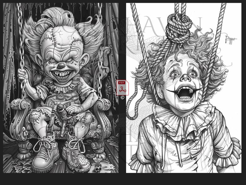 May include: Two black and white illustrations of creepy clowns. The first clown is sitting on a throne with a menacing grin. The second clown is hanging from a rope with a wide, toothy smile.