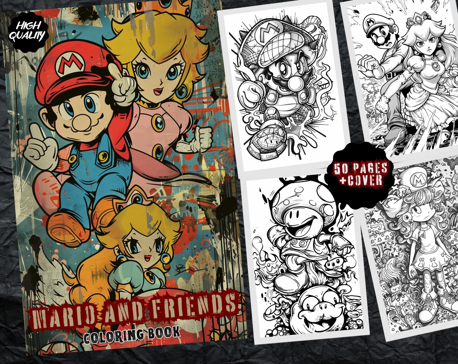 Libro para colorear PDF imprimible de 50 páginas: Mario y sus amigos para niños y adultos