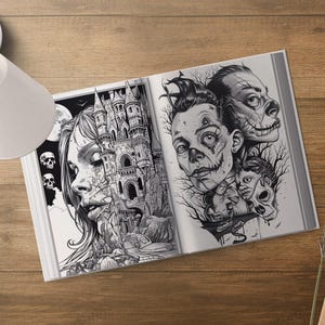 May include: An open book with two black and white illustrations. The left page features a woman's face with a castle behind her. The right page features a skull-like face with a creepy smile and a tree behind it.
