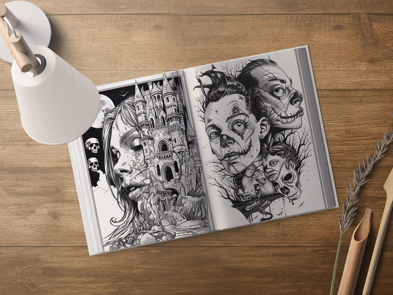 May include: An open book with two black and white illustrations. The left page features a woman's face with a castle behind her. The right page features a skull-like face with a creepy smile and a tree behind it.