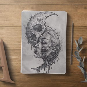 May include: A black and white drawing of a woman's face with a crescent moon shape around her head. The moon is cracked and broken, and the woman's face is also cracked and broken. The drawing is done in a realistic style.