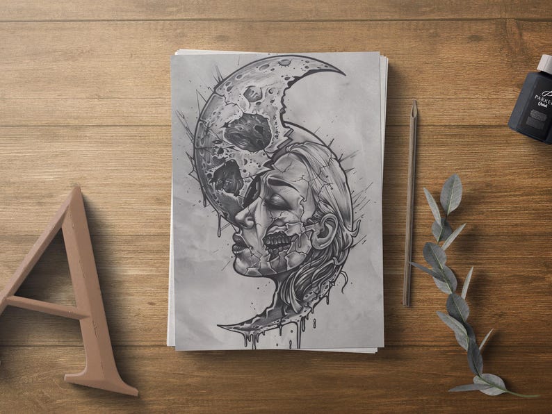 May include: A black and white drawing of a woman's face with a crescent moon shape around her head. The moon is cracked and broken, and the woman's face is also cracked and broken. The drawing is done in a realistic style.