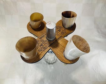 Viking Horn Shot Glasses with Oak Holder - Celebration Drinkware
