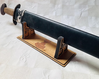 Handcrafted Oak Sword Stand with Thor's Hammer & Yggdrasil Motif