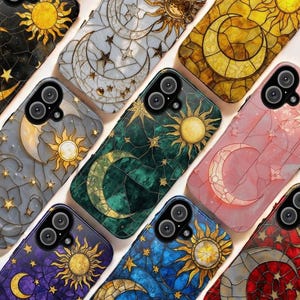 Coque de portable en vitrail céleste, coque de portable en vitrail lune soleil, coque de portable pour iPhone 16 15 14 13 12 11 x Samsung S25 S24 S23