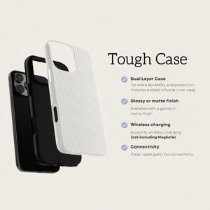 May include: A black and white phone case with the text "Tough Case". The case is a dual-layer design for extra durability and protection, with a glossy or matte finish. It supports wireless charging and has clear, open ports.