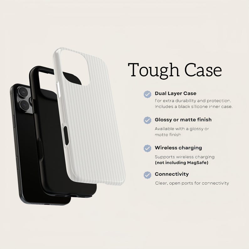 May include: A black and white phone case with the text "Tough Case". The case is a dual-layer design for extra durability and protection, with a glossy or matte finish. It supports wireless charging and has clear, open ports.