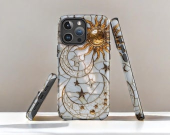 May include: A white iPhone case with a mosaic design featuring a gold sun, moon, and stars. The case is made of durable plastic and has a sleek, modern look.