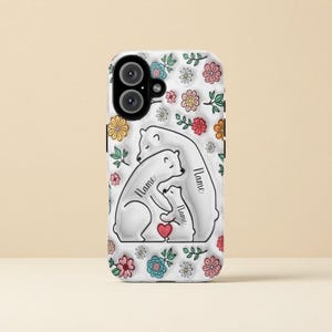 Hugging Bear Family Phone Case, Custom Name Phone Case for Mom, 3D Inflated Effect Phone Case For iPhone 16 15 14 13 12 11 x Samsung S25 S24