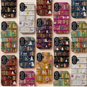 May include: A collection of phone cases featuring various bookshelf designs. Each case showcases a unique color scheme and style, with details like flowers, ghosts, and diverse book arrangements. The cases are designed to fit a phone with a dual-lens camera.