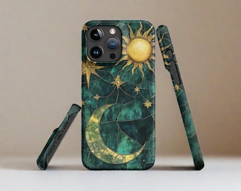 Green Glass Print Moon Sun Phone Case,Colorful Glass Starry Night Phone Cover,Glass Art Phone Case For iPhone 16 Pm 15 14 13 12 11 x Case