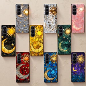 May include: A collection of smartphone cases with stained-glass designs featuring celestial motifs. Each case showcases a sun and moon design in various color schemes, including black, gold, blue, and red. The cases are arranged on a neutral background.