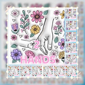 Peut inclure: Ensemble de tampons transparents avec deux mains se tenant la main, entour&eacute;es de fleurs et de c&oelig;urs. L'ensemble comprend &eacute;galement six petits tampons d'ours tenant des c&oelig;urs, avec le mot "OURS" sous chacun.