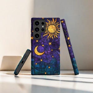 Purple Glass Print Moon Sun Samsung Case,Colorful Glass Starry Night Phone Cover,Glass Art Samsung case for Samsung Ultra 24 23 22 21 Case