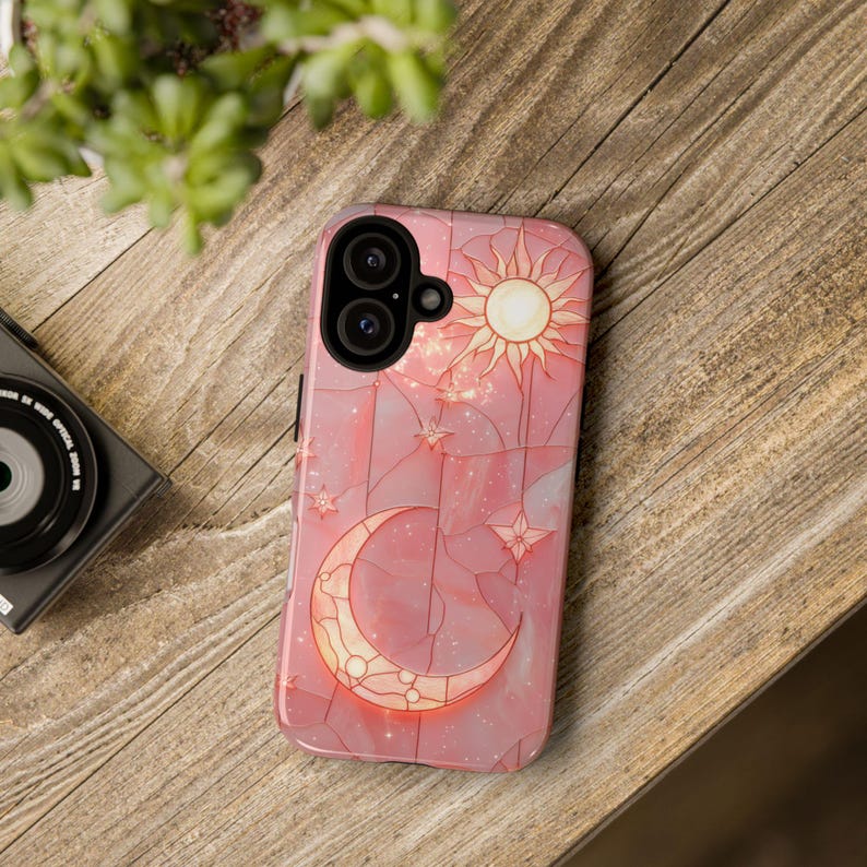 Celestial Stained Glass Phone Case, Stained Glass Moon Sun Phone Case, Phone Cover For iPhone 17 16 15 14 13 12 11 Samsung S26 S24 S23 Case Pink