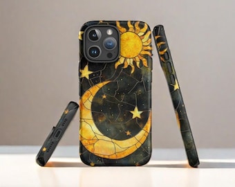 Custodia per telefono con luna e sole in vetro colorato nero, cover per telefono in vetro colorato, cover per telefono per iPhone 16 15 14 13 12 11 x Custodia per Samsung S24 S23 S22
