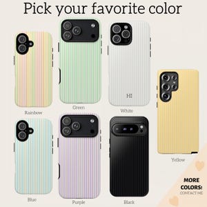 May include: A selection of colorful phone cases with vertical stripe patterns. Colors include rainbow, green, white, blue, purple, black, and yellow. The text "Pick your favorite color" is at the top.