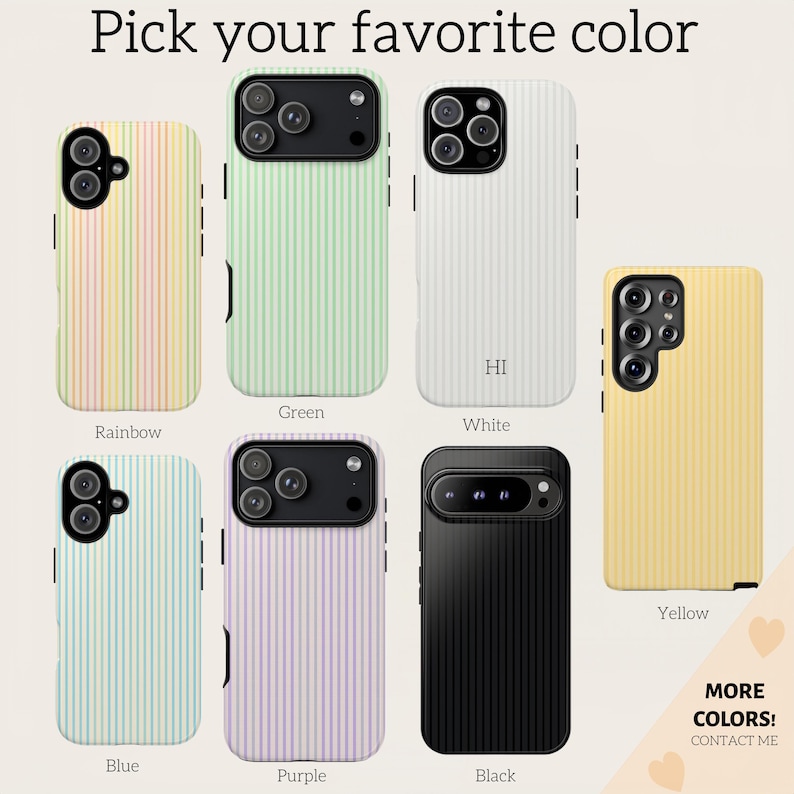 May include: A selection of colorful phone cases with vertical stripe patterns. Colors include rainbow, green, white, blue, purple, black, and yellow. The text "Pick your favorite color" is at the top.
