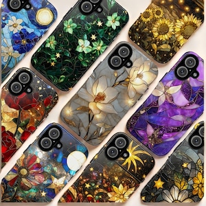 Custodia per telefono con motivo floreale in vetro colorato, cover per telefono con motivo floreale in vetro colorato, cover per telefono per iPhone 16, 15, 14, 13, 12, 11 x Samsung S24, S23, S22