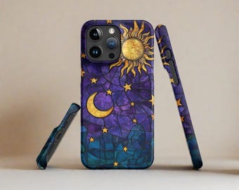 May include: A purple, blue and gold phone case with a stained glass design of a sun, moon and stars.