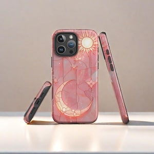 Coque de portable rose vitrail lune soleil, coque de portable vitrail, coque de portable pour iPhone 16 15 14 13 12 11 Samsung S24 S23 S22 Pixel