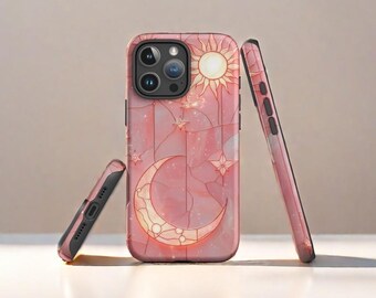Pink Stained Glass Moon Sun Phone Case: Protective Dual Layer Cover