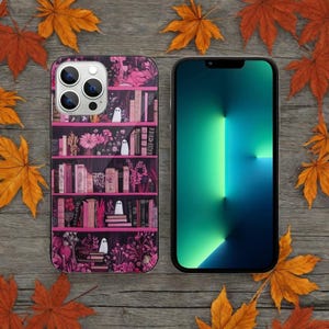 Pink Ghost Bücherregal Telefonhülle, Pink Halloween Ghost Phone Cover, Art Phone Case für iPhone 16 Pm 15 14 13 11 Samsung Pixel Case