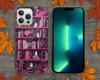 Pink Ghost Bookshelf Phone Case: Halloween Art Phone Cover