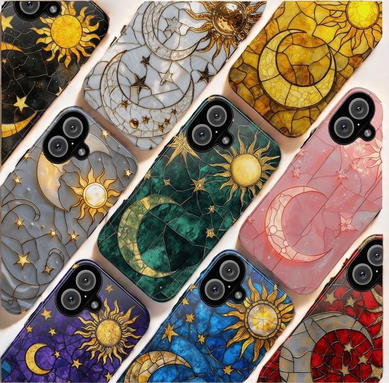 May include: Ten different phone cases with a stained glass design featuring moons, stars, and suns in shades of gold, blue, green, and pink.