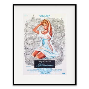 May include: Framed vintage movie poster for "Une Parisienne" featuring Brigitte Bardot. The poster has a black frame and depicts a woman in a white dress with a blue ribbon, set against a detailed black and white cityscape.