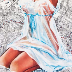 May include: Watercolor painting of a person wearing a light blue sheer nightgown with a ruffled neckline and a blue ribbon tie. The background features a detailed black and white illustration of a cityscape.
