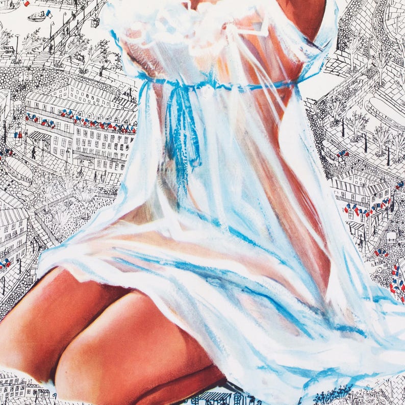 May include: Watercolor painting of a person wearing a light blue sheer nightgown with a ruffled neckline and a blue ribbon tie. The background features a detailed black and white illustration of a cityscape.