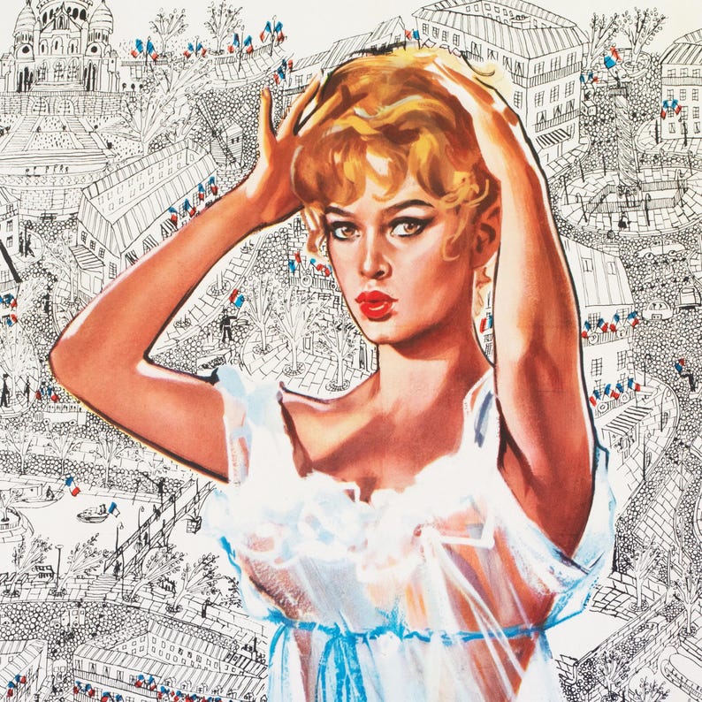May include: A vintage-style illustration of a woman with blonde hair and red lipstick, touching her hair. She wears a sheer, light blue dress. The background is a detailed black and white drawing of a cityscape with French flags.