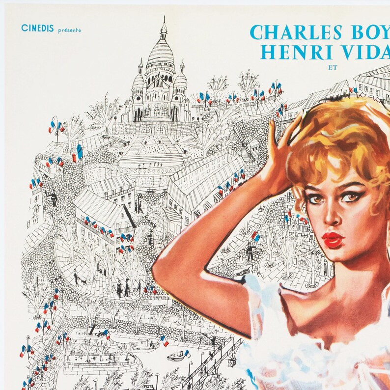 May include: Vintage movie poster featuring a woman with blonde hair and red lipstick. The poster has a drawing of a city with the text "CHARLES BOYER HENRI VIDA" and "CINEDIS pr&eacute;sente". The background is a black and white illustration of a city.