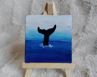Original mini canvas with easel, whale shark, fin, ocean blue acrylic painting decor, embroidered, 3D art, marine affordable art gift wall