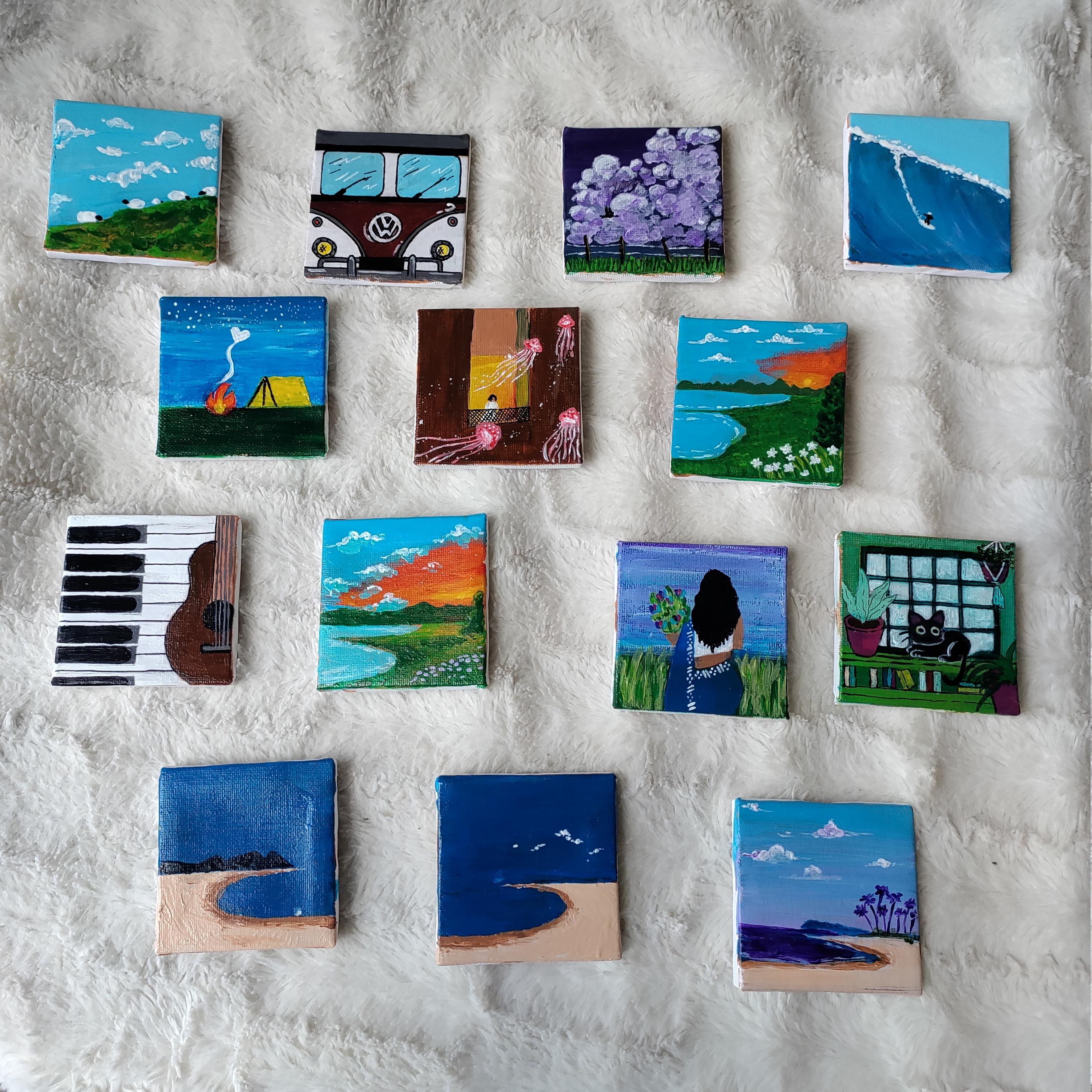 Original Mini Canvas With Easel, Sheep Blue Skies, Acrylic