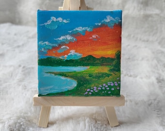 Original Mini Canvas With Easel, Sheep Blue Skies, Acrylic