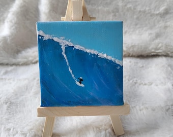 Original mini canvas with easel, Wave Rider, acrylic painting, surf, surfing waves surfer art on mini canvas, affordable art gift wall decor