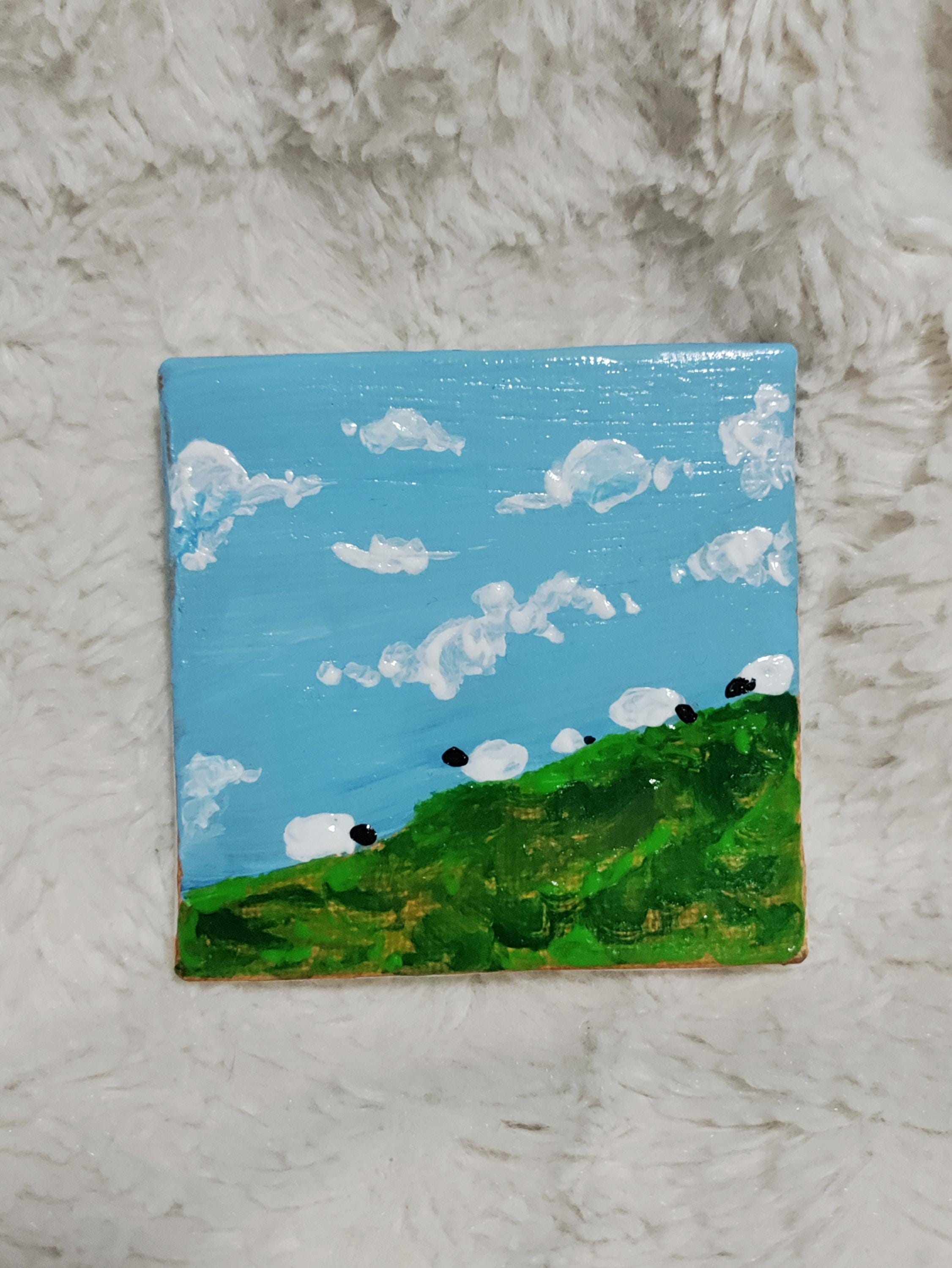 Original Mini Canvas With Easel, Sheep Blue Skies, Acrylic