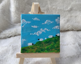 Original mini canvas with easel, Sheep Blue Skies, acrylic painting, sheep grazing clear blue sky rural art, affordable gift wall decor