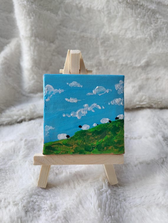Original Mini Canvas With Easel, Sheep Blue Skies, Acrylic