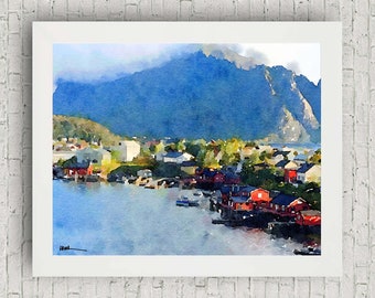 Reine, Lofoten Islands, Norway. Arctic Fishing Village Scandinavia Original Landscape Art Illustration Digital Download Print Travel Gift