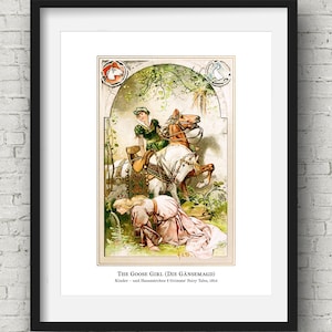 Dziewczyna Gęś, Bracia Grimm Bajka Sztuka Ilustracja Pokój zabaw Dekoracje dla dzieci Dzieci Słodkie Przedszkole Fantazja Vintage Pobierz Prezent Tapeta