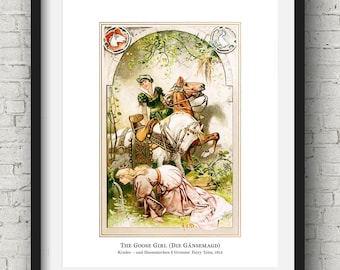 Goose Girl, Brothers Grimm Conte de fées Art Illustration Salle de jeux Enfants Décor Enfants Mignon Crèche Fantasy vintage Télécharger Gift Wallpaper