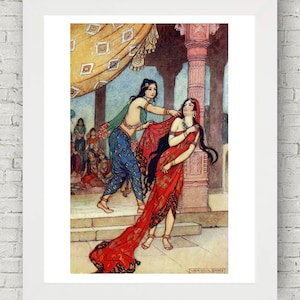 Indyjski mit i legenda, Draupadi, bajka, ilustracja, hinduska sztuka dekoracyjna hindi Vana Parva Mahabharata historia miłosna mitologia bajka vintage