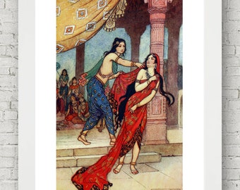 Indian Myth & Legend, Draupadi, Fairy Tale, Illustration, Hindu Art Decor Hindi Vana Parva Mahabharata Love Story Mythology Fable Vintage