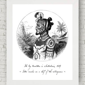 Tattoos - Chief of Marquesas, Travellers through Australasia, Victorian Art Print, Antique Illustration, Gift, Maori, Australia Poster, Book
