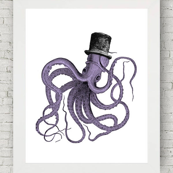 Purple Octopus in a Top Hat. Beautiful Fine Art Victorian Era Illustration, Wall Decor, Wall Art, Purple Art, Interior Decor, Unique Print