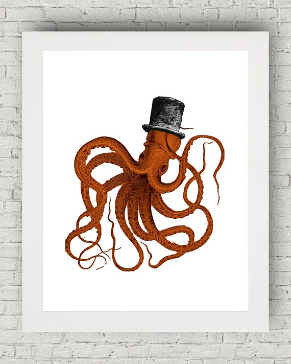 Orange Octopus in Top Hat. Beautiful 